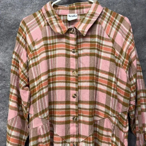 Arula Plaid Flannel Button Down Shirt Dress Plus Size X Pink Brown Country - Picture 2 of 11